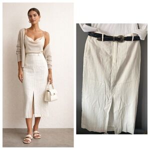 Rachel Zoe Size 6 Linen Blend Midi Skirt White Gold Stripe Quiet Luxury